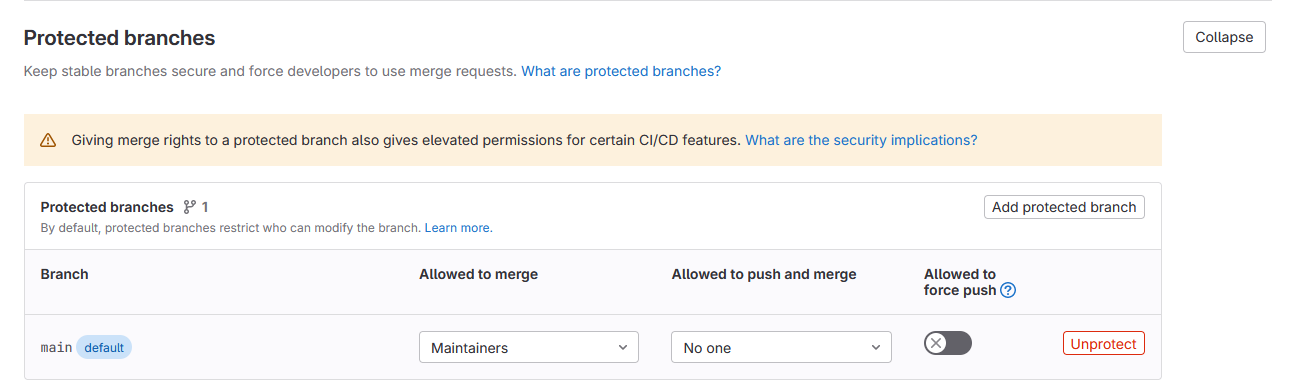 GitLab Protected Branches Settings