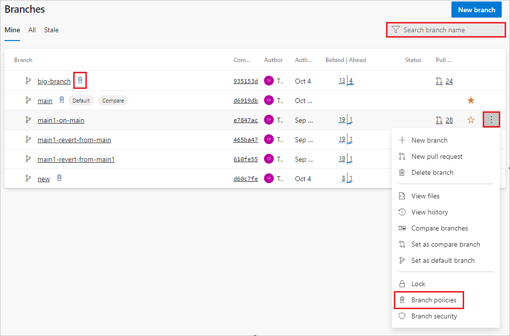 Click the 3-buttons-icon and click on Branch Policies